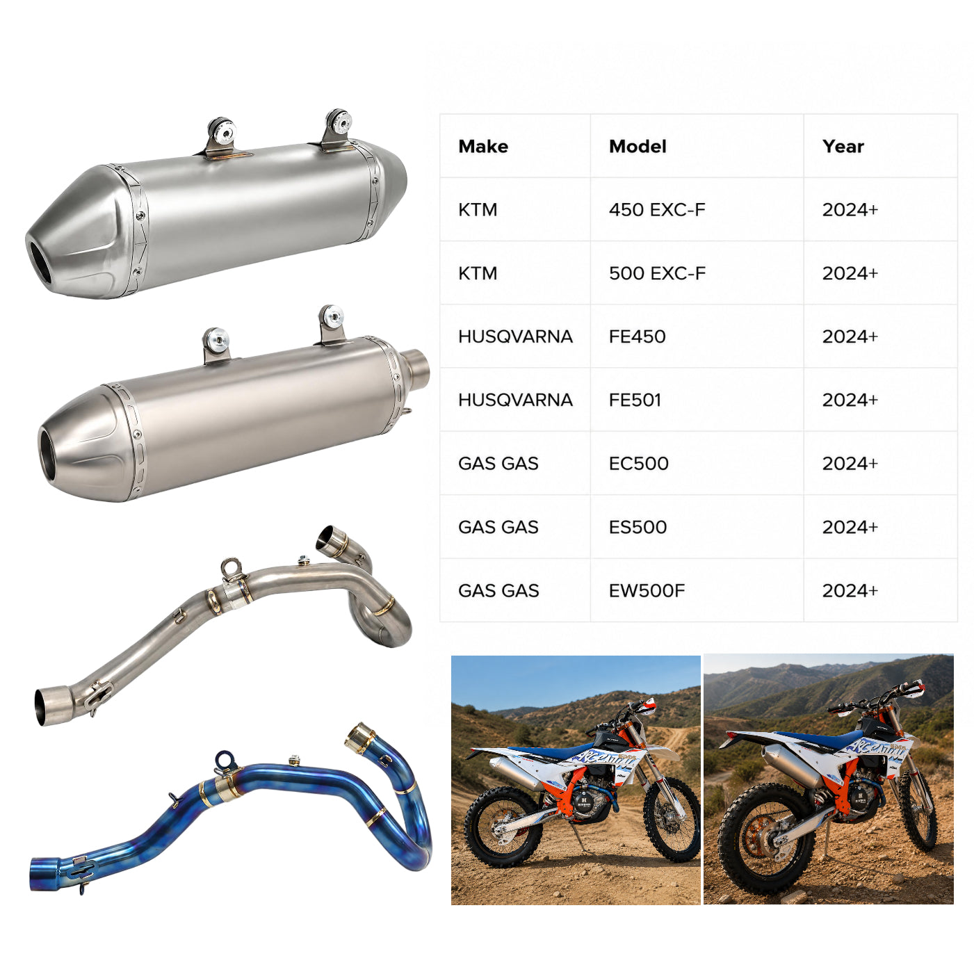 Husqvarna 450/501 FE 2024 Slip-On Muffler Header & Mid-Pipe Assembly - Stainless Steel Titanium Alloy